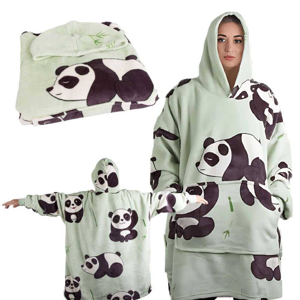 CIEPŁA BLUZA PANDA KOC OVERSIZE XXL 2W1 GRUBA FUTRZAK MIĘKKA Z KAPTUREM