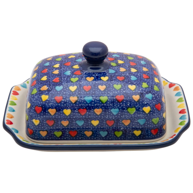 Maselniczka Pojemnik na masło 18 cm - Wzór SERCA - Ceramika Artystyczna Bolesławiec