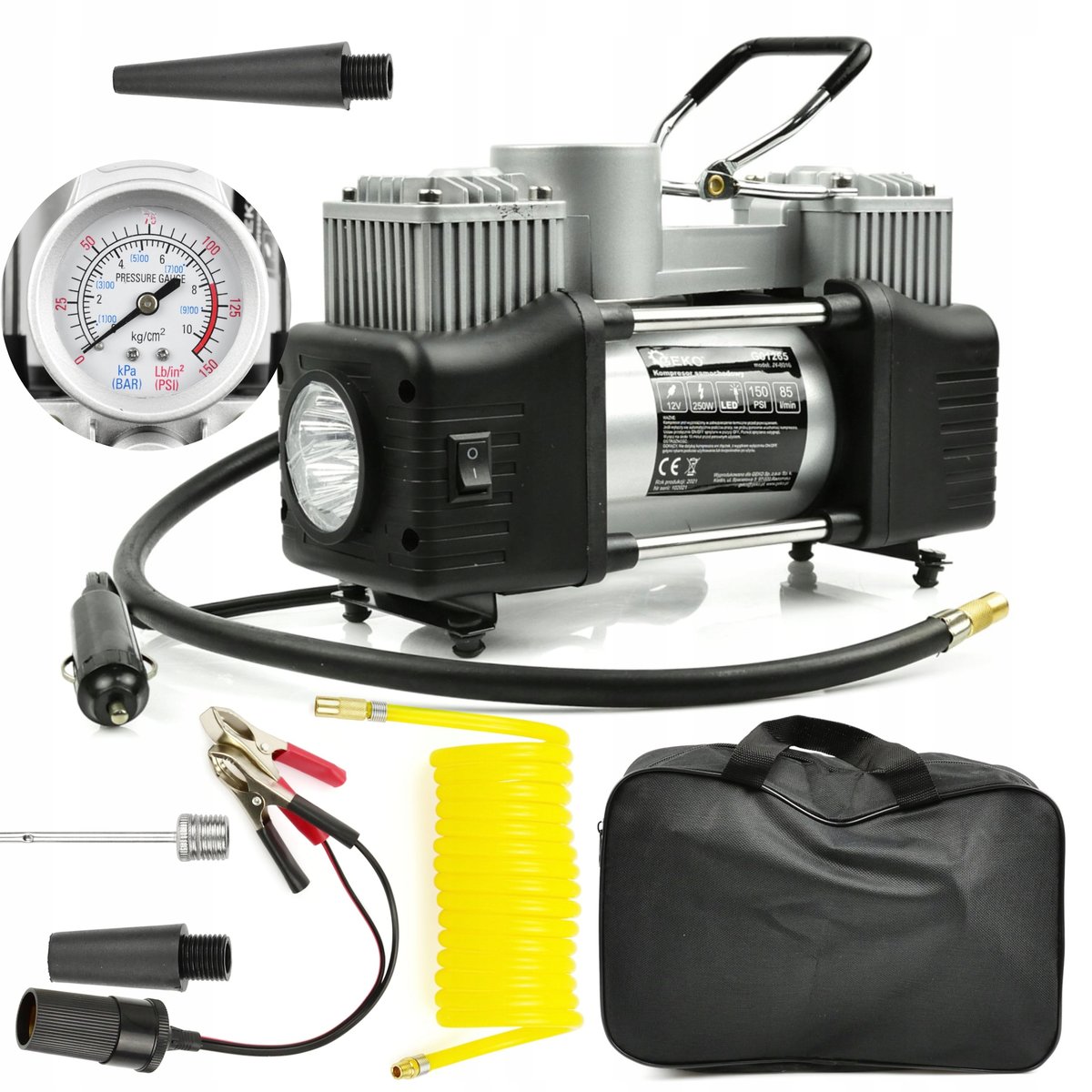 KOMPRESOR SAMOCHODOWY Z MANOMETRTEM 12V POMPKA SPRĘŻARKA 250W + NASADKI LED