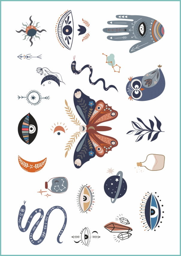 Tatuaże tymczasowe zmywalne ezoteryczne znaki i symbole, arkusz A4