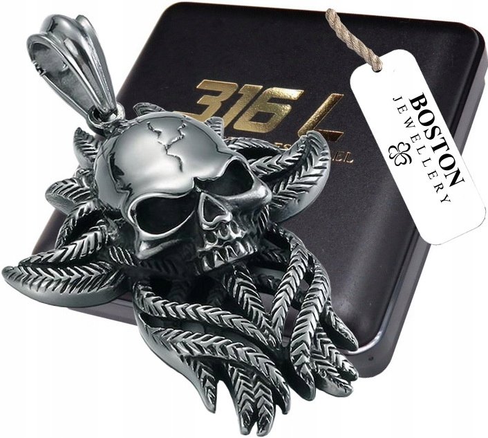 SREBRNA TRUPIA CZASZKA NA ŁAŃCUSZEK STAL CHIRURGICZNA 316L BOSTON JEWELLERY