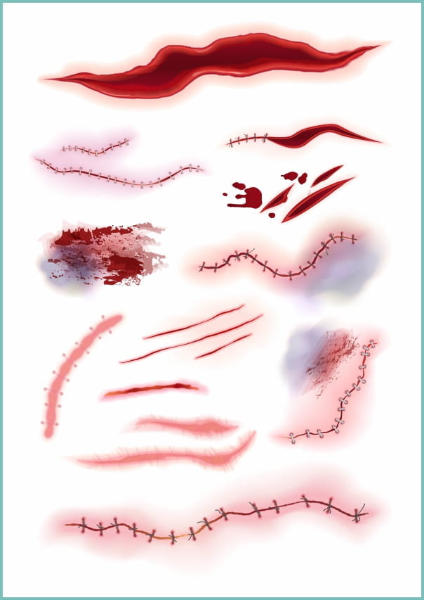 Tatuaże tymczasowe zmywalne szwy blizny siniaki, arkusz A4