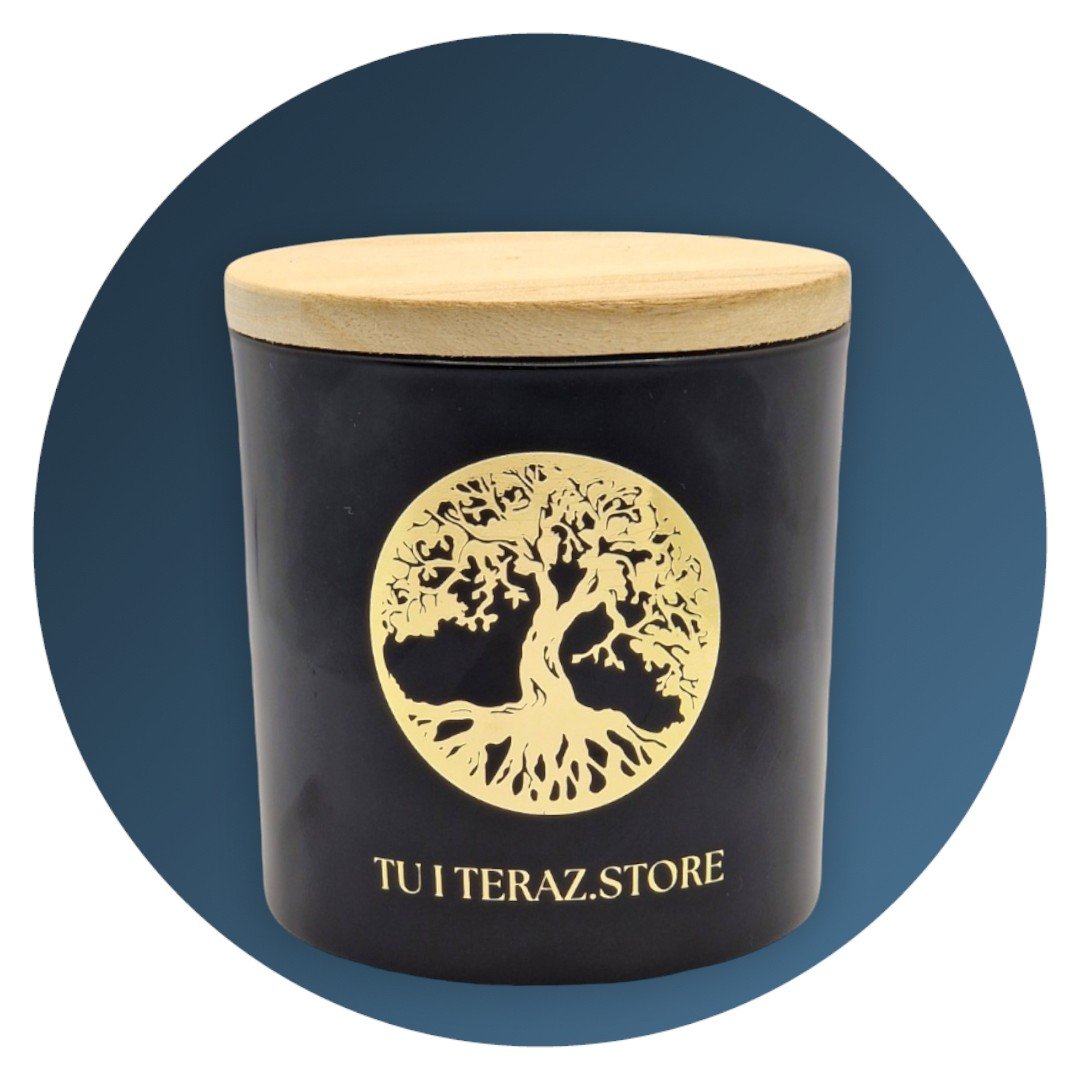 DUŻA ŚWIECA SOJOWA CZARNY OUD 600g CZARNO ZŁOTA ZESTAW ŚWIECZKA I PUDEŁKO / TU I TERAZ.STORE /