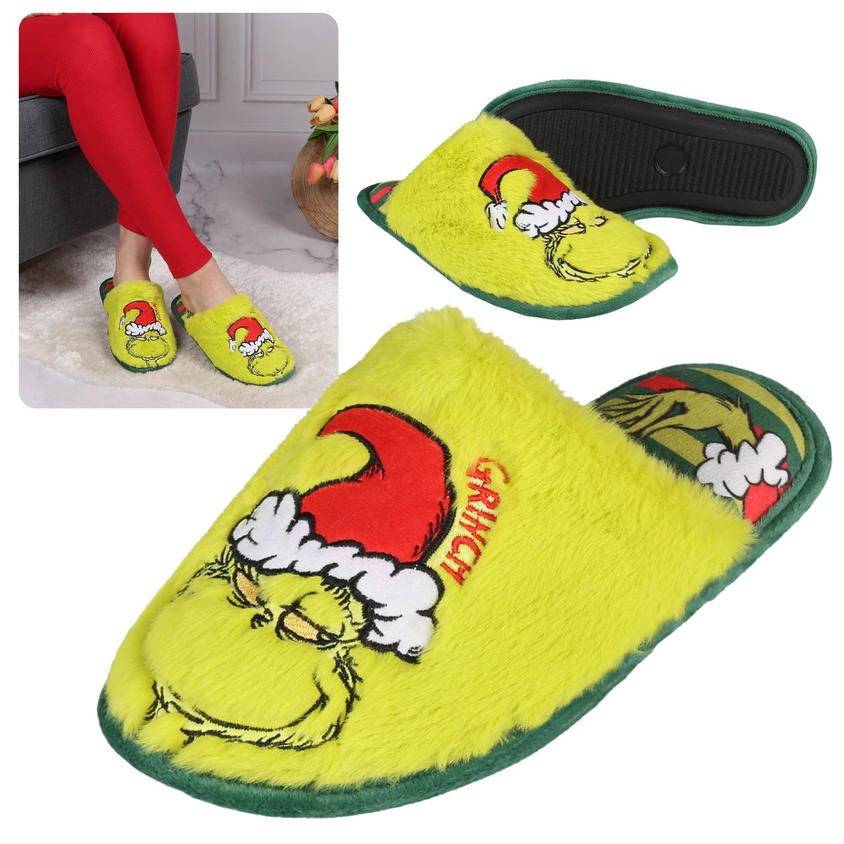 The Grinch Damskie papcie/kapcie, zielone, futrzane obuwie domowe 42-43 EU