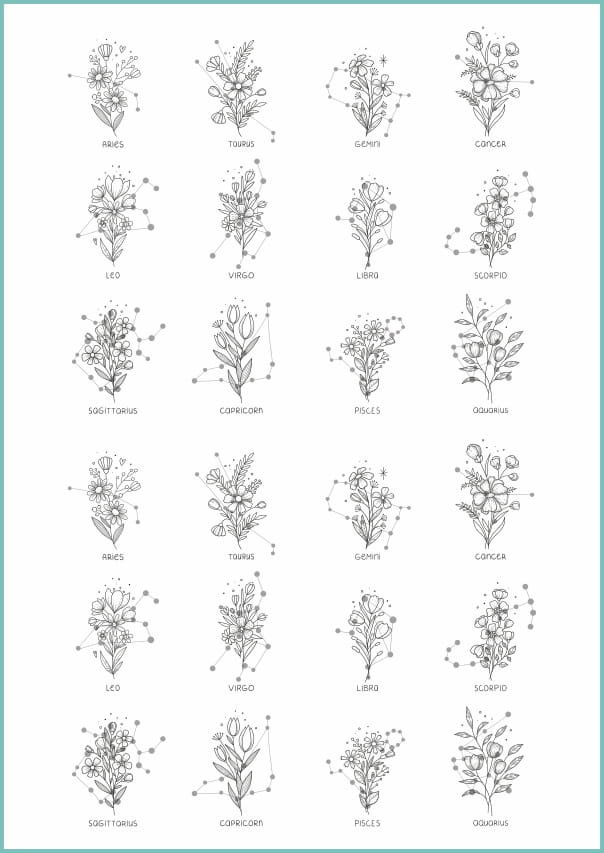 Tatuaże tymczasowe zmywalne horoscope tattoo flowers, arkusz A4