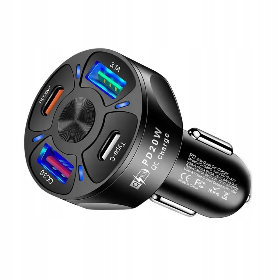 Ładowarka samochodowa 30W 2 USB+2 PD szybka