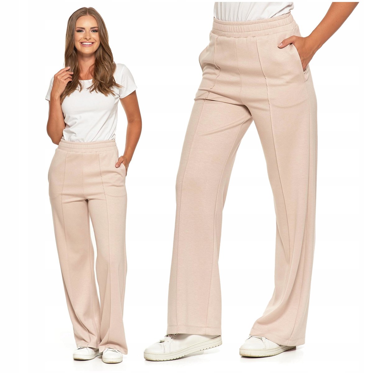 SPODNIE DAMSKIE Szerokie Nogawki Eleganckie Dresowe Wysoki Stan MORAJ XL