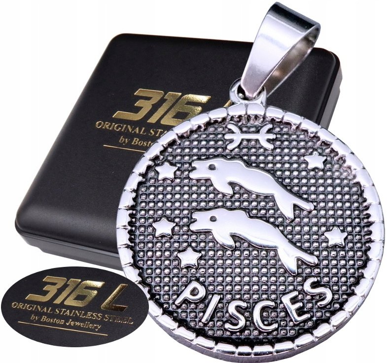 SREBRNY MEDALIK MEDALION ZNAK ZODIAKU RYBY PRAWDZIWA STAL CHIRURGICZNA 316L