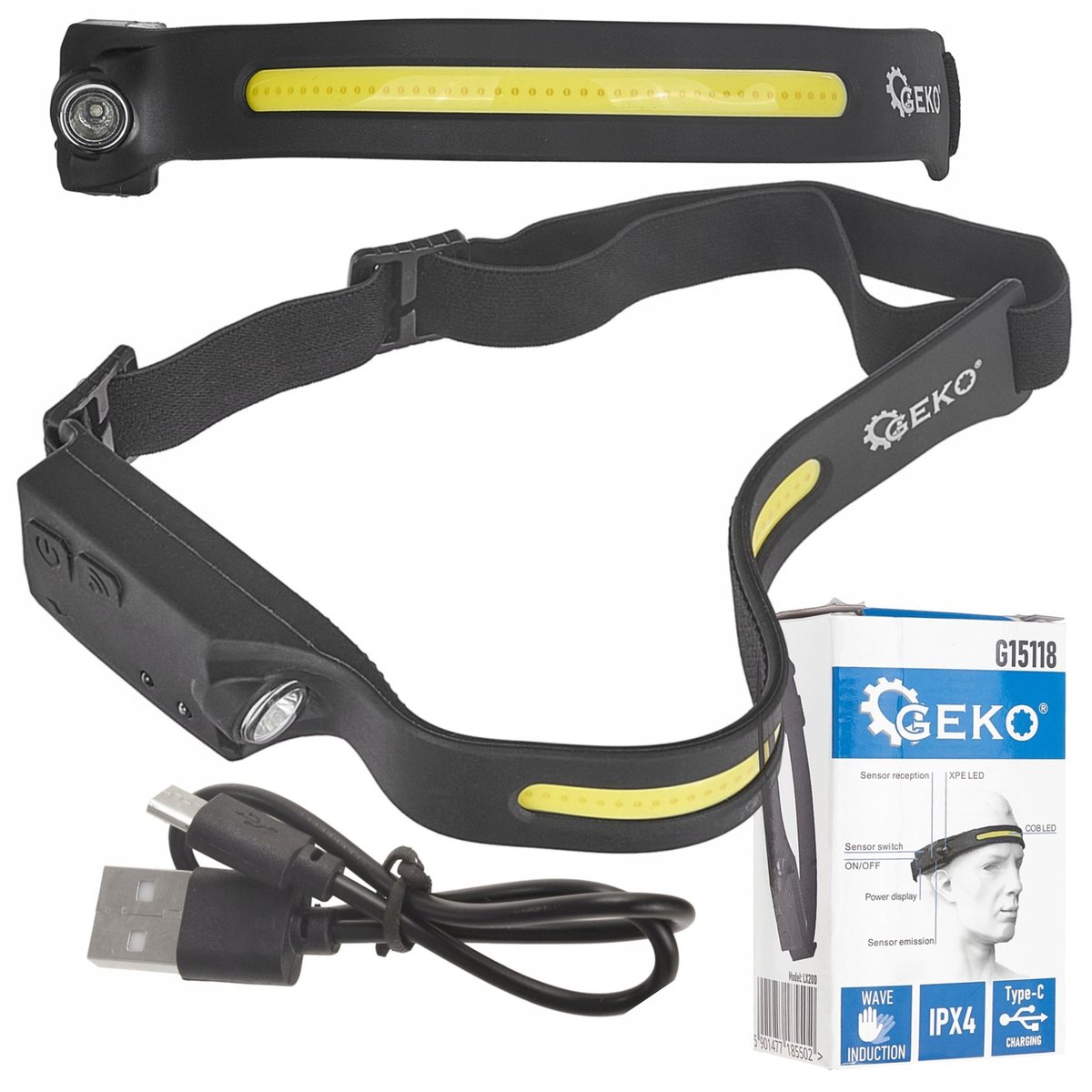 GEKO LATARKA CZOŁOWA CZUJNIK RUCHU LED COB 3W + 1W XPE 1200MAH 350LM IPX4