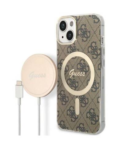 Etui do iPhone 14 Magsafe i ładowarka Guess Charger 4G Gold Brown