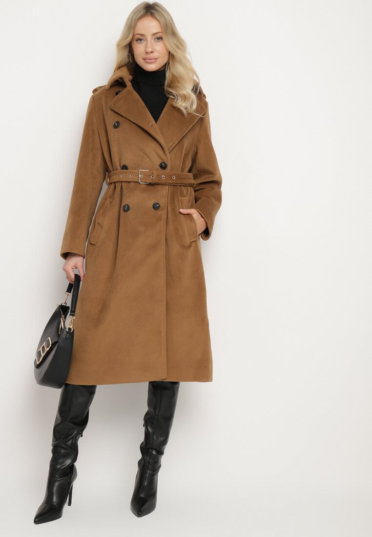 Brązowy Długi Dwurzędowy Płaszcz z Paskiem Senoriel