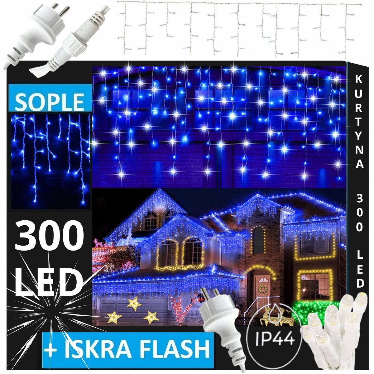 SOPLE 300 LED LAMPKI ZEWNĘTRZNE IP44 STAŁE + FLASH KURTYNA GIRLANDA GRUBE