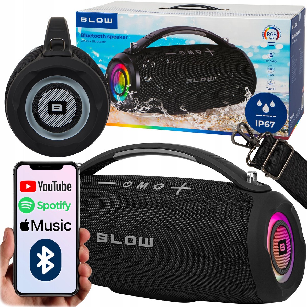 GŁOŚNIK BLUETOOTH PRZENOŚNY BEZPRZEWODOWY SD FM USB AUX MOBILNY RADIO PASEK