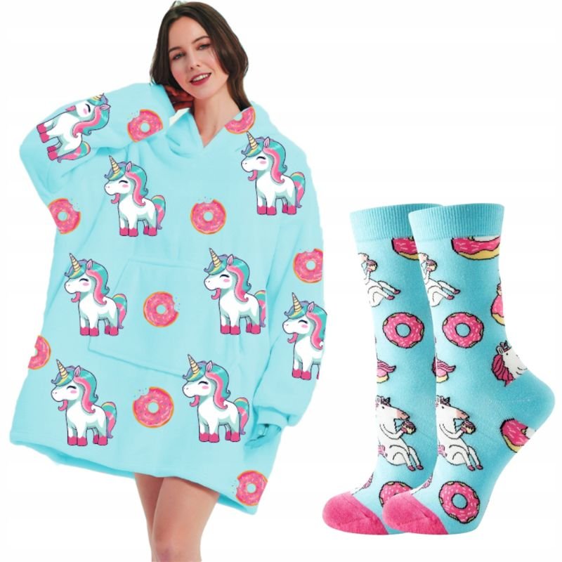 KOC BLUZA Oversize Ciepła Gruba KOCOBLUZA 2w1 XXL UNICORN + SKARPETKI