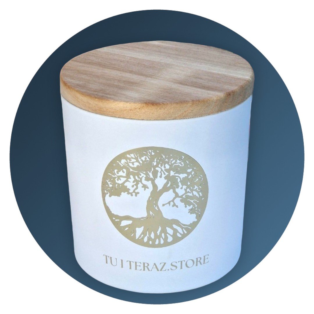 DUŻA ŚWIECA SOJOWA DRZEWO SANDAŁOWE I BERGAMOTKA  600g BIAŁO ZŁOTA ZESTAW ŚWIECZKA PUDEŁKO / TU I TERAZ.STORE /