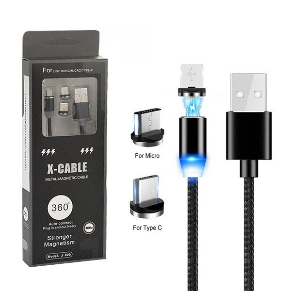 ECOBOX KABEL USB 3w1 MAGNETYCZNY 360 CZARNY IPHONE MICRO TYP-C