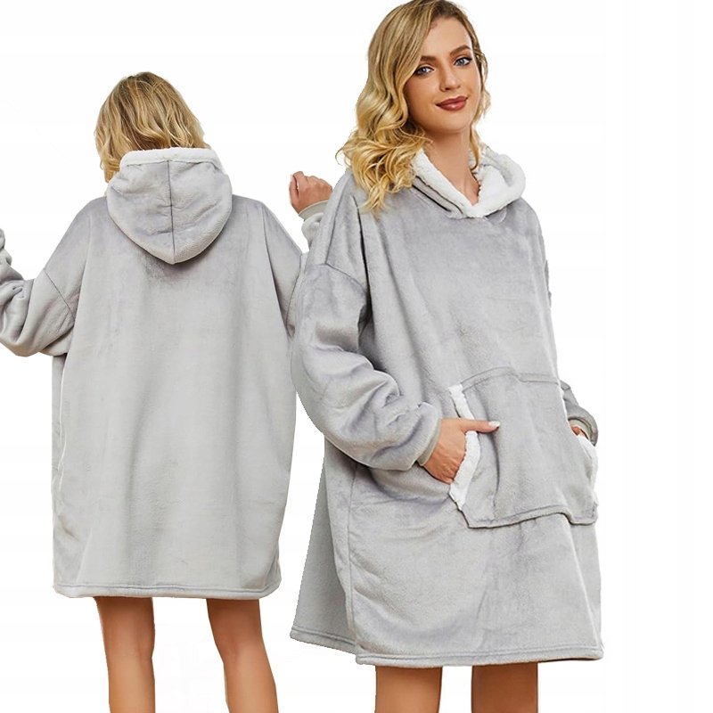 KOC BLUZA KOCOBLUZA OVERSIZE CIEPŁA GRUBA 2w1 XXL JASNA SZARA FUTRZAK Z KAPTUREM
