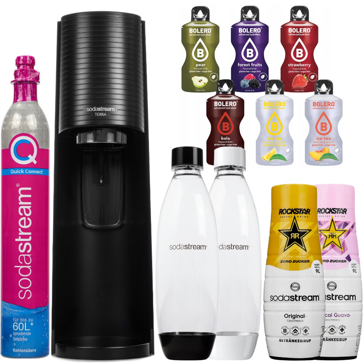 Saturator SodaStream Terra Black jedna butelka + Butelka Sodastream Pet Biała 1 litr + Syrop Rockstar Original Zero 440ML + syrop Rockstar Tropical..