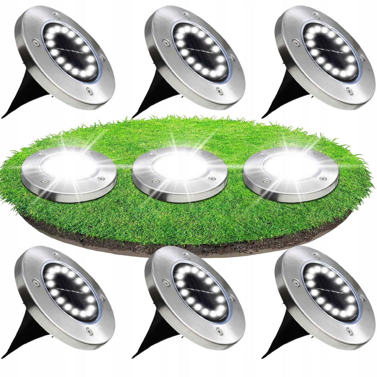 6x LAMPA SOLARNA OGRODOWA GRUNTOWA WBIJANA NAJAZDOWA 16 LED ŚWIECĄCY DYSK