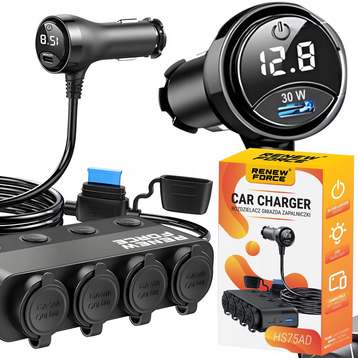 Rozdzielacz Gniazda Zapalniczki 12V 24V 3X Usb Ładowarka Samochodowa Qc 3.0
