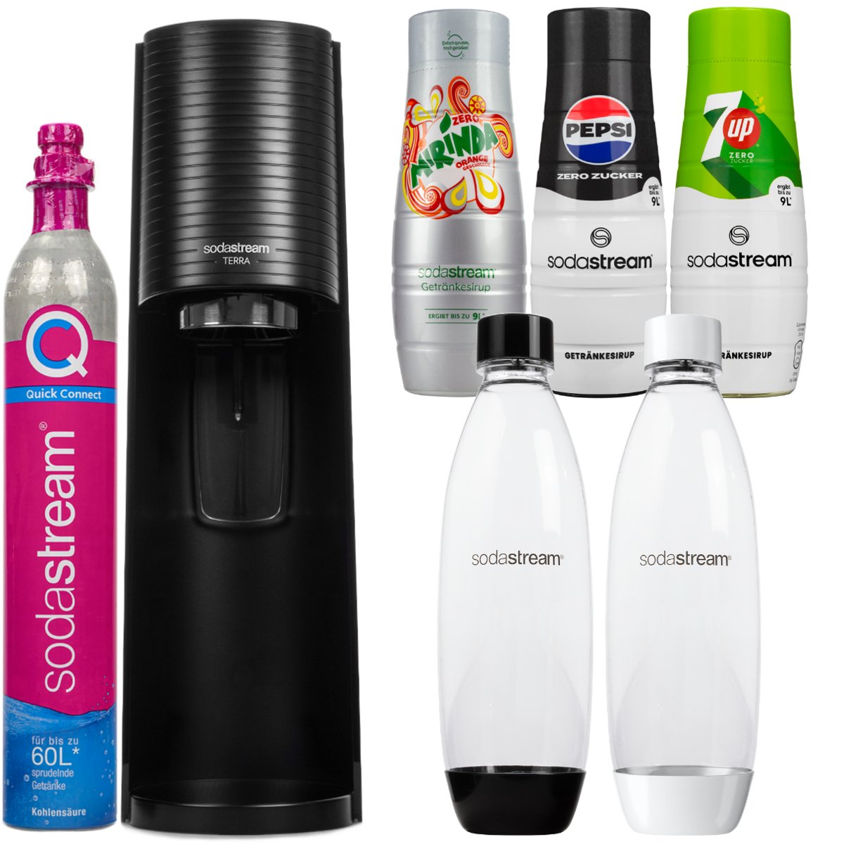 Saturator SodaStream Terra Black jedna butelka + Butelka Sodastream Pet Biała 1 litr + Syrop do SodaStream Pepsi max, mirinda light,7up free, 440 ml