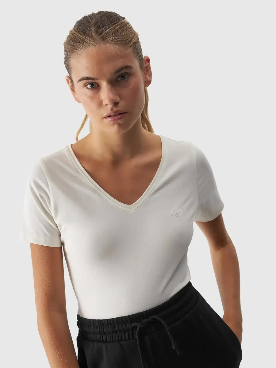 T-shirt slim gładki damski 4F 4FWAW24TTSHF1649-12S Beżowy