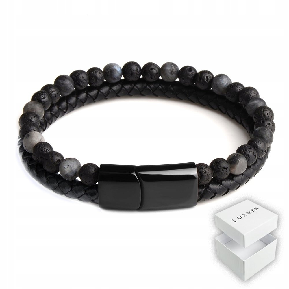 SKÓRZANA BRANSOLETKA MĘSKA CZARNA SKÓRA KORALE