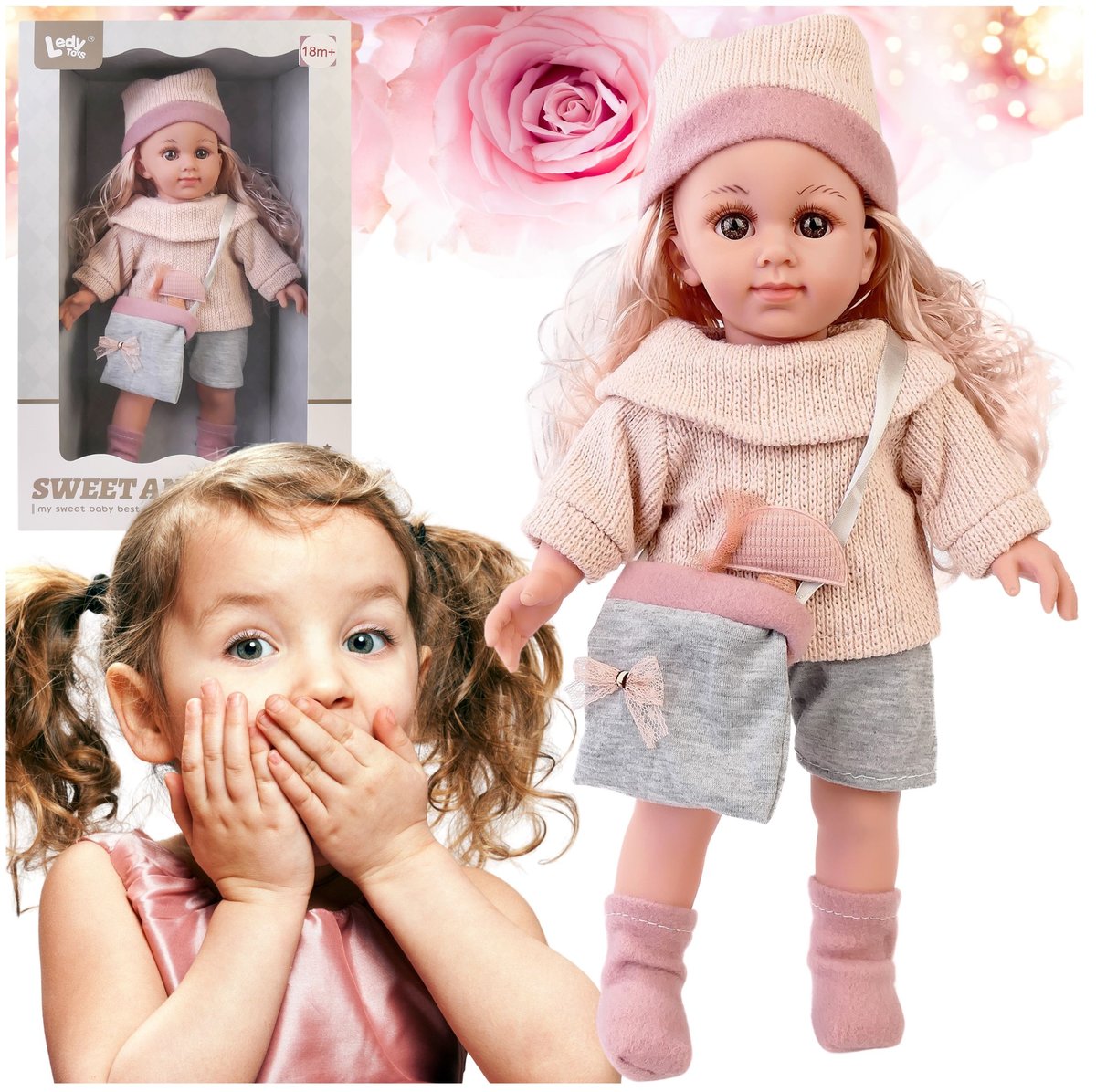 Lalka Laleczka 38 cm Duża Bobas Długie Włosy Duże Oczy Modne Ubranie Miękka
