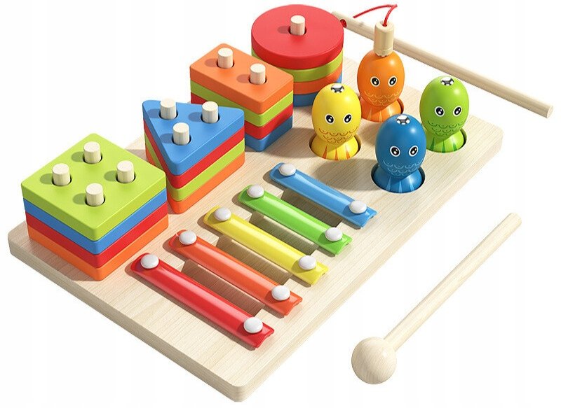 Drewniana Układanka Sorter z Klockami Montessori Łowienie Rybek Cymbałki
