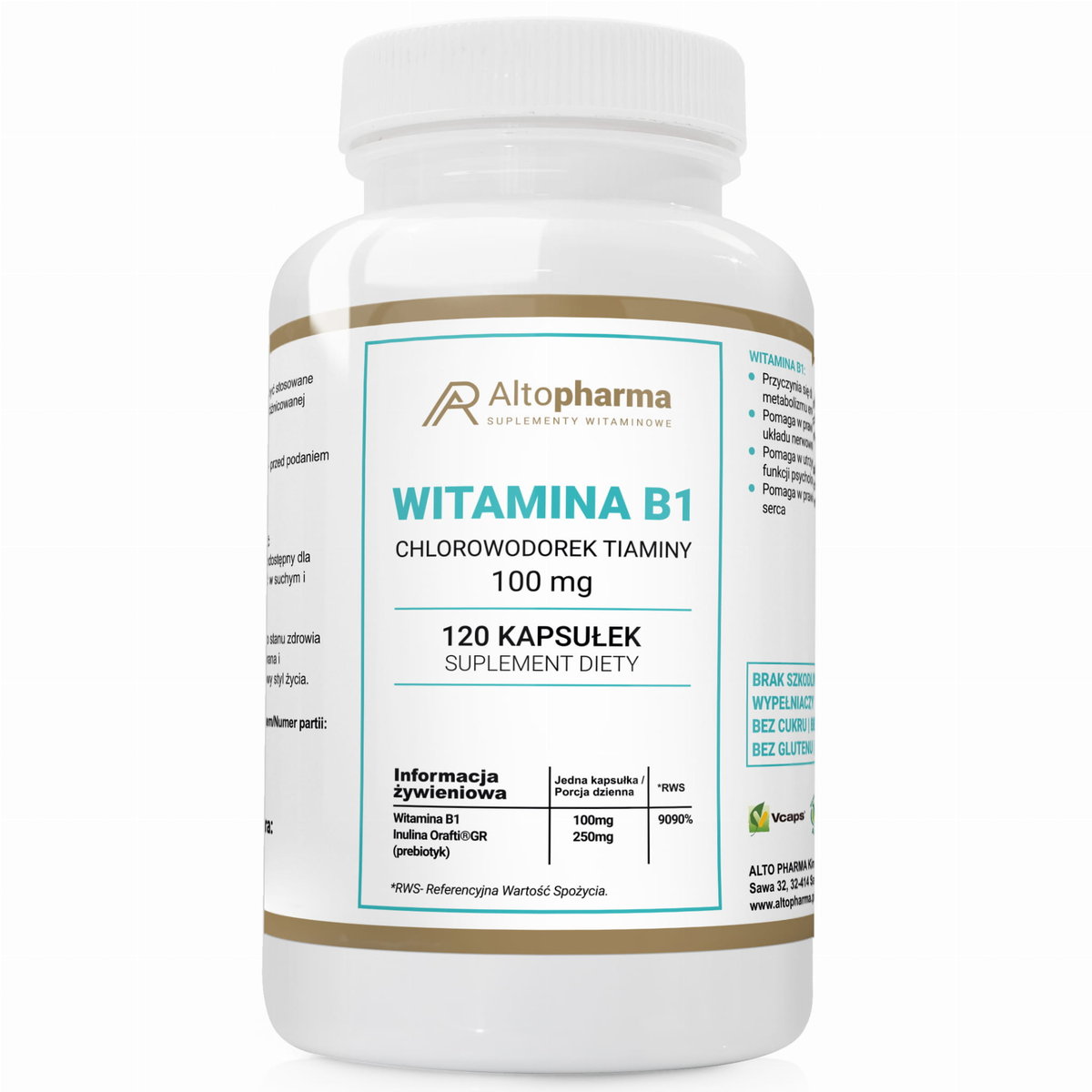 WITAMINA B1 100mg TIAMINA + PREBIOTYK PRODUKT WEGE - Altopharma - 120 kapsułek