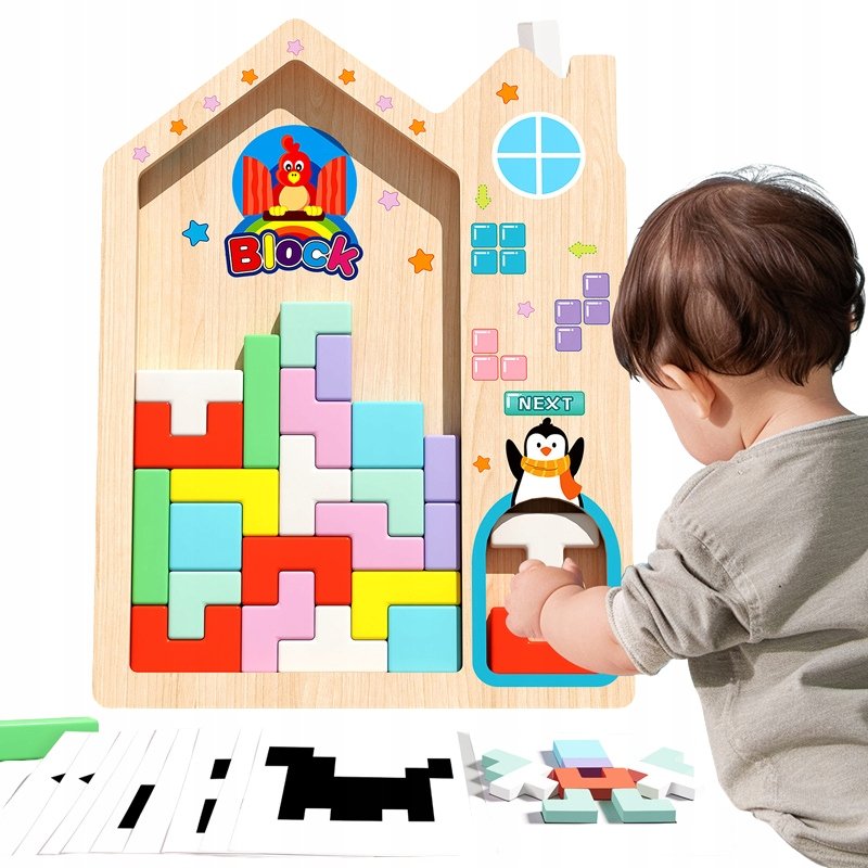 Puzzle Drewniane Klocki Układanka Montessori Tetris Zestaw Gra Logiczna