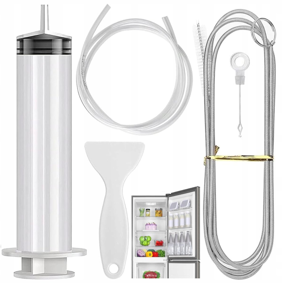 ZESTAW DO CZYSZCZENIA LODÓWKI ZATKANEGO ODPŁYWU SZCZOTKA STRZYKAWKA WĘŻYK