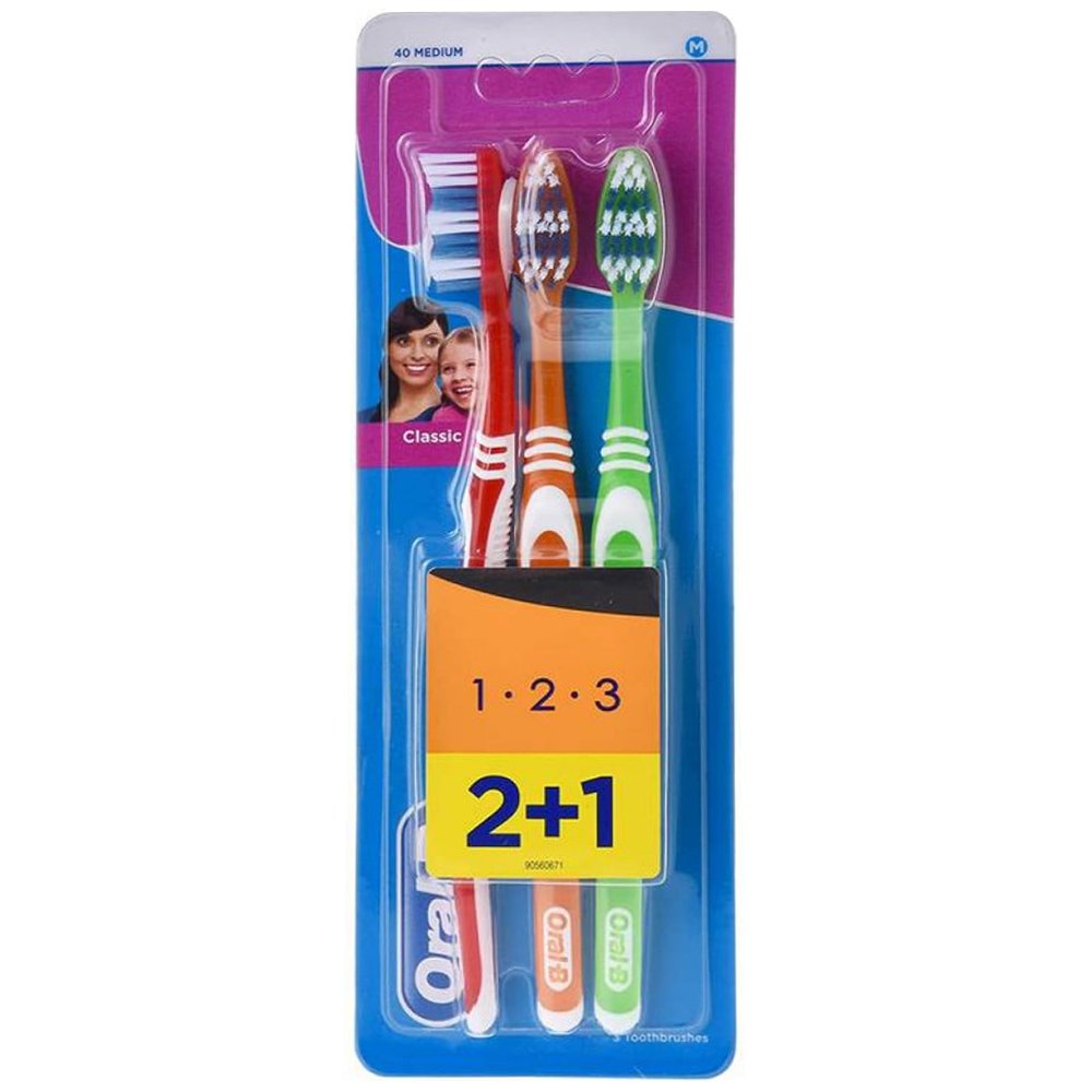 Oral-B Oral-B Toothbrush Classic szczoteczka do zębów 3 szt unisex Red Yellow Pink