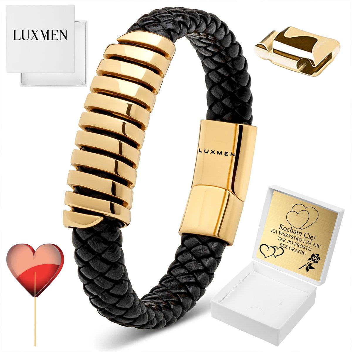 BRANSOLETKA MĘSKA SKÓRZANA ZŁOTA Z GRAWEREM MOCNA REGULOWANA NA PREZENT