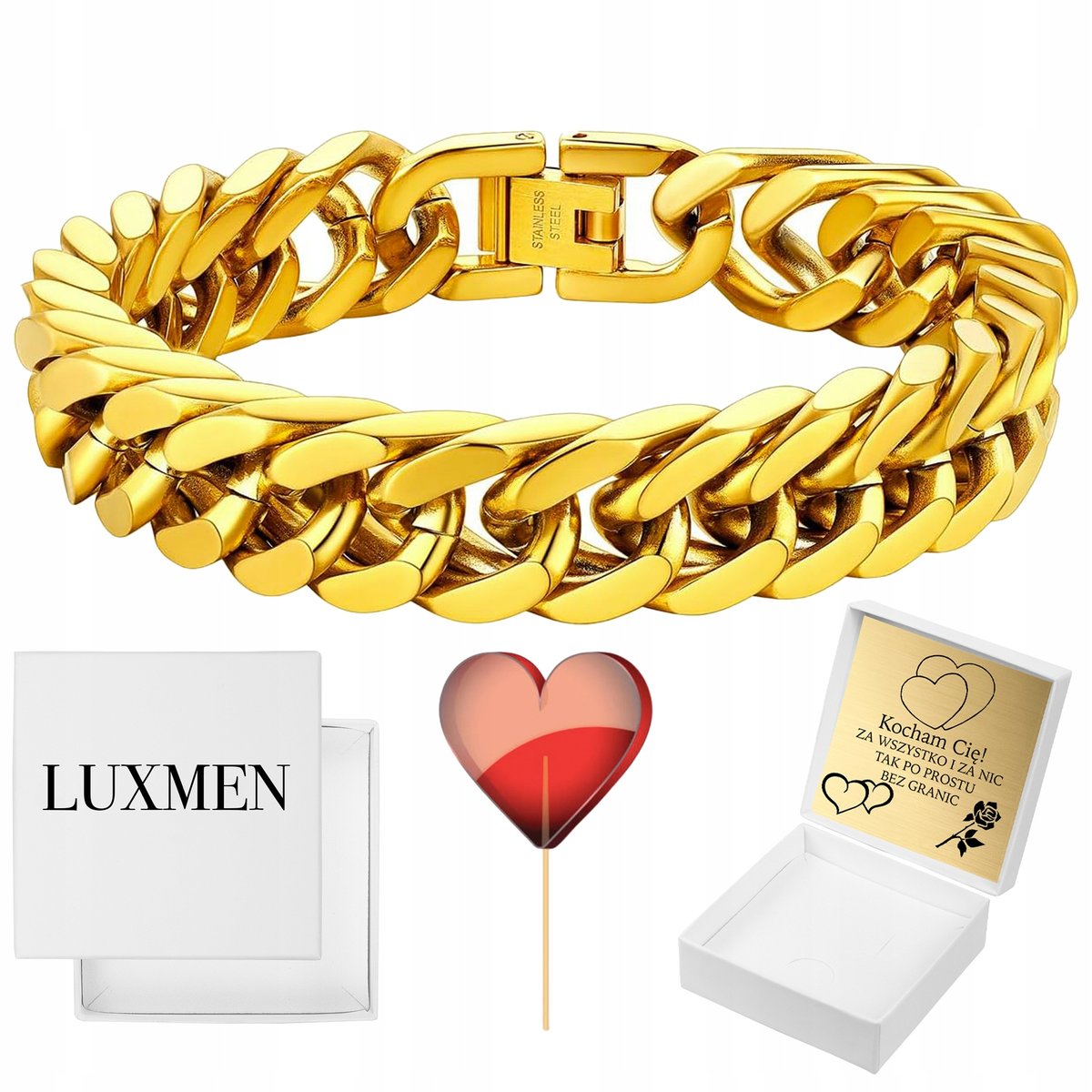 BRANSOLETKA MĘSKA POZŁACANA STALOWA PANCERKA GRUBA STALOWA 15MM 96G GRAWER