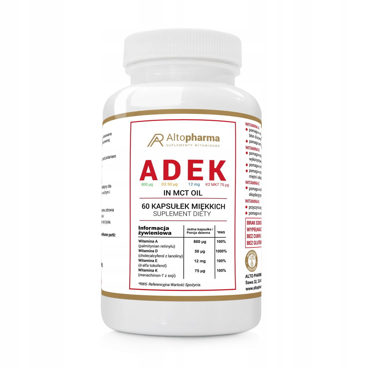 NATURALNE WITAMINY A,D3,E,K2 MK7 FORTE w oleju MCT - Altopharma - 60 kapsułek miękkich (Softgel)