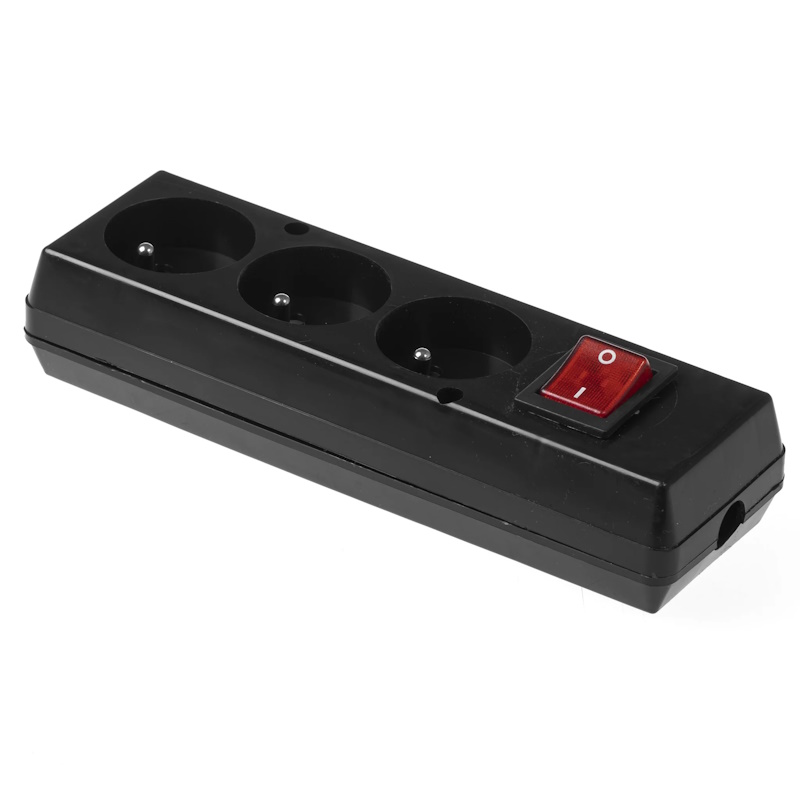Gniazdo przedłużacza przenośne potrójne z uziemieniem z wyłącznikiem 3x2p+Z 16A 250V, rozbieralne, GN-370WS CZARNY; T-11017, PLASTROL