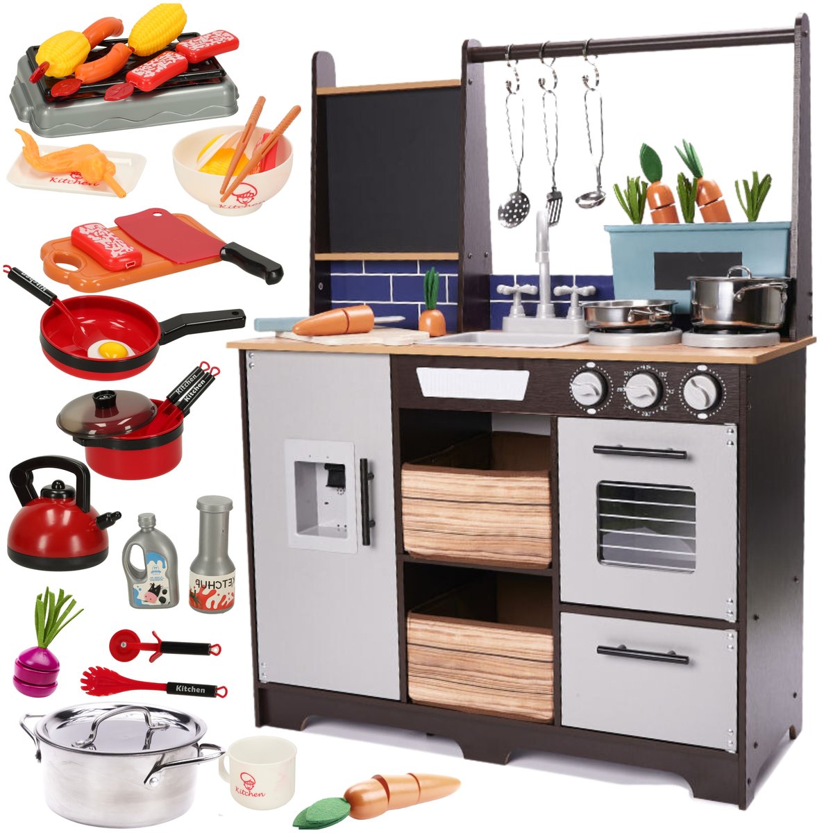 KUCHNIA DLA DZIECI DREWNIANA MDF Z AKCESORIAMI XXL 96 CM + ZESTAW KUCHENNY