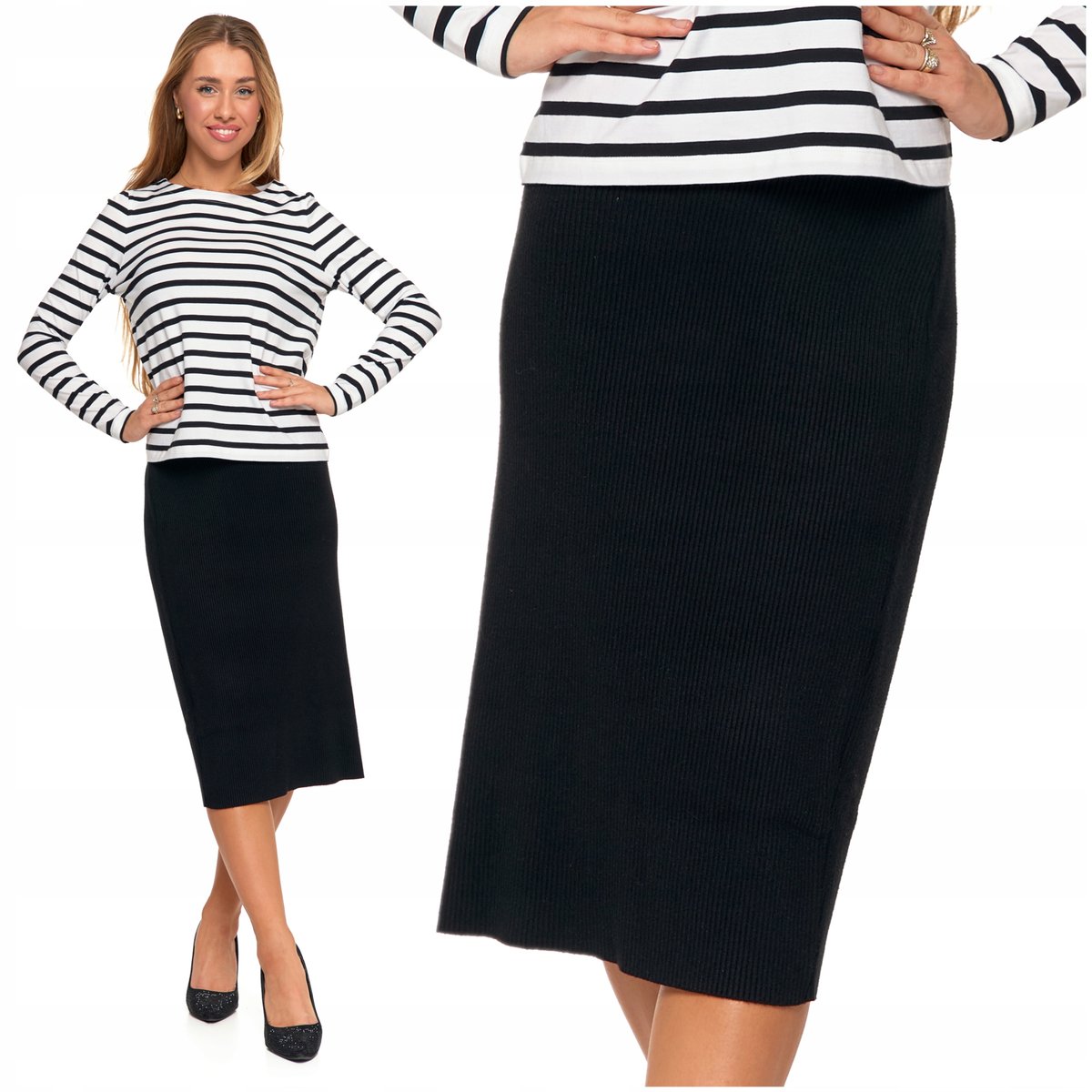 Ołówkowa SPÓDNICA Damska Spódniczka Midi Prążkowana Elegancka MORAJ S