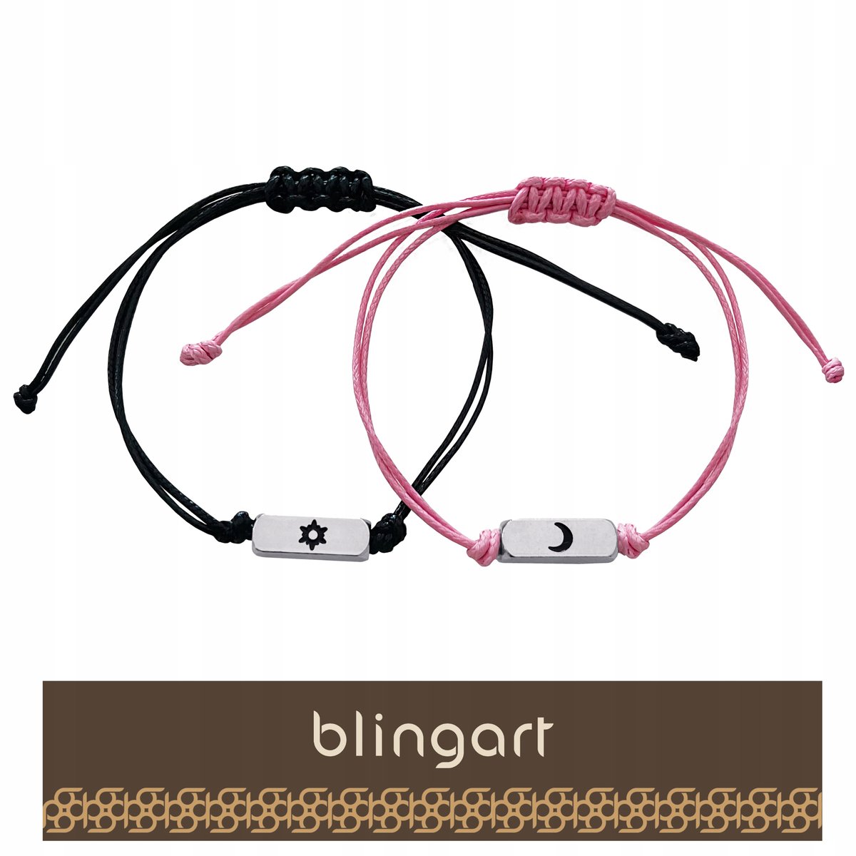 BLINGART Bransoletki dla par sznurkowe SŁOŃCE KSIĘŻYC różowo czarne