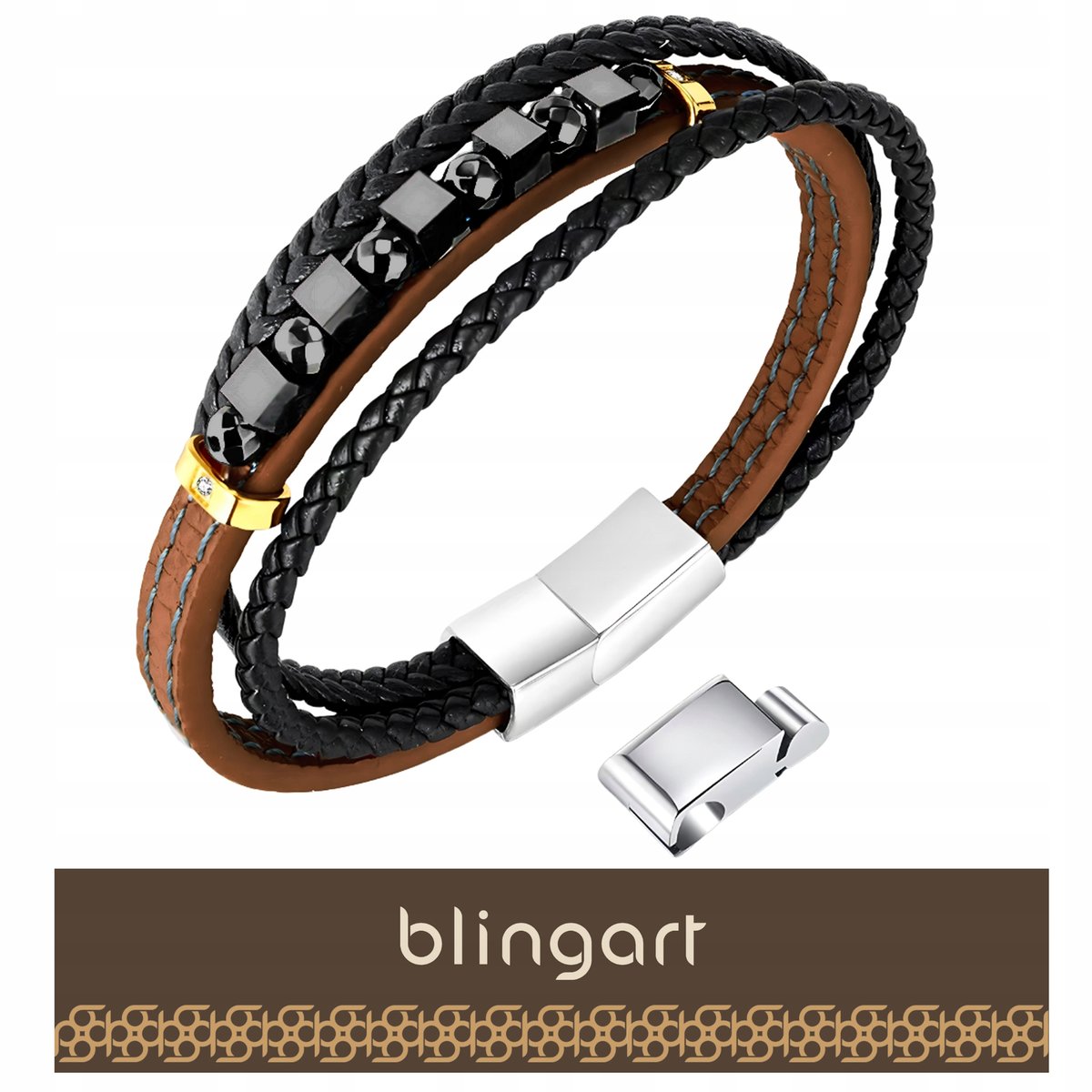 BLINGART BRANSOLETKA męska skórzana BRĄZOWO CZARNA KOSTECZKI koraliki STAL