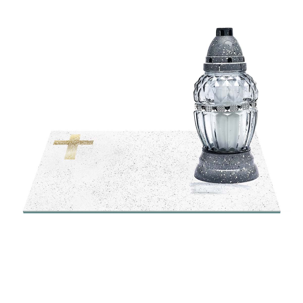 SZKLANA PODSTAWKA POD ZNICZE 40x30cm 571b Krzyż na tle kropek