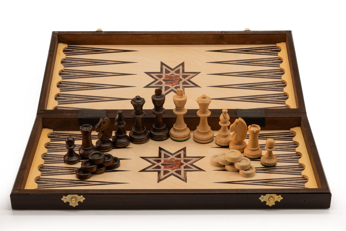 Szachy+Backgammon intarsja druk wypalany/ Szachy drewniane