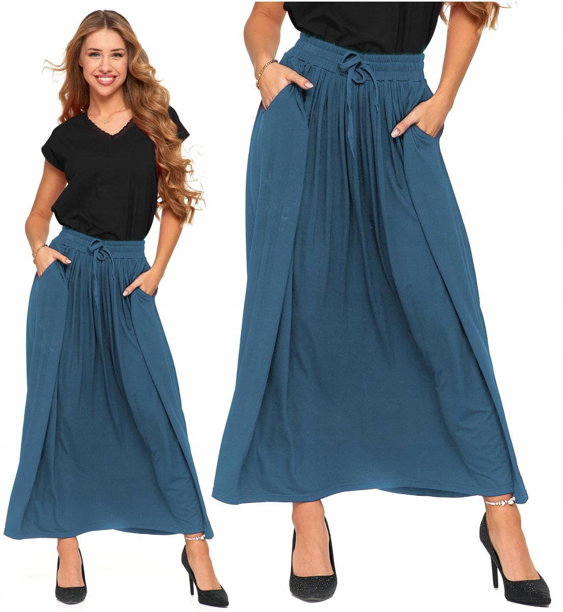SPÓDNICA MAXI DAMSKA Elegancka Na Gumce z Kieszeniami Wiskozowa MORAJ XL