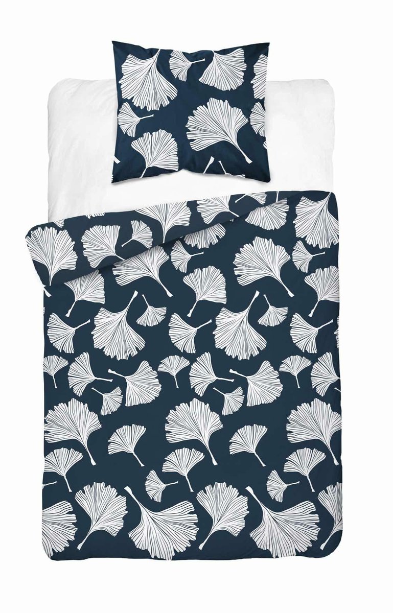 Pościel 140x200 granatowa biała liście miłorzębu 5106 A z jedną poszewką Bawełna 32