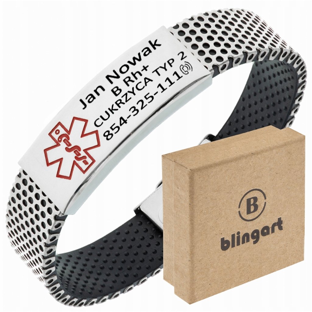 Bransoletka z GRAWEREM medyczna męska ze stali 316L dla cukrzyka BLINGART
