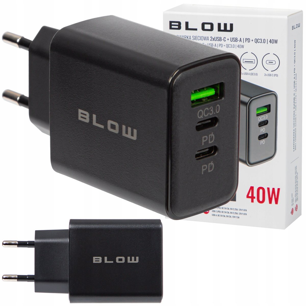 SZYBKA ŁADOWARKA SIECIOWA GNIAZDO USB + 2x USB-C QC + PD 40W UNIWERSALNA