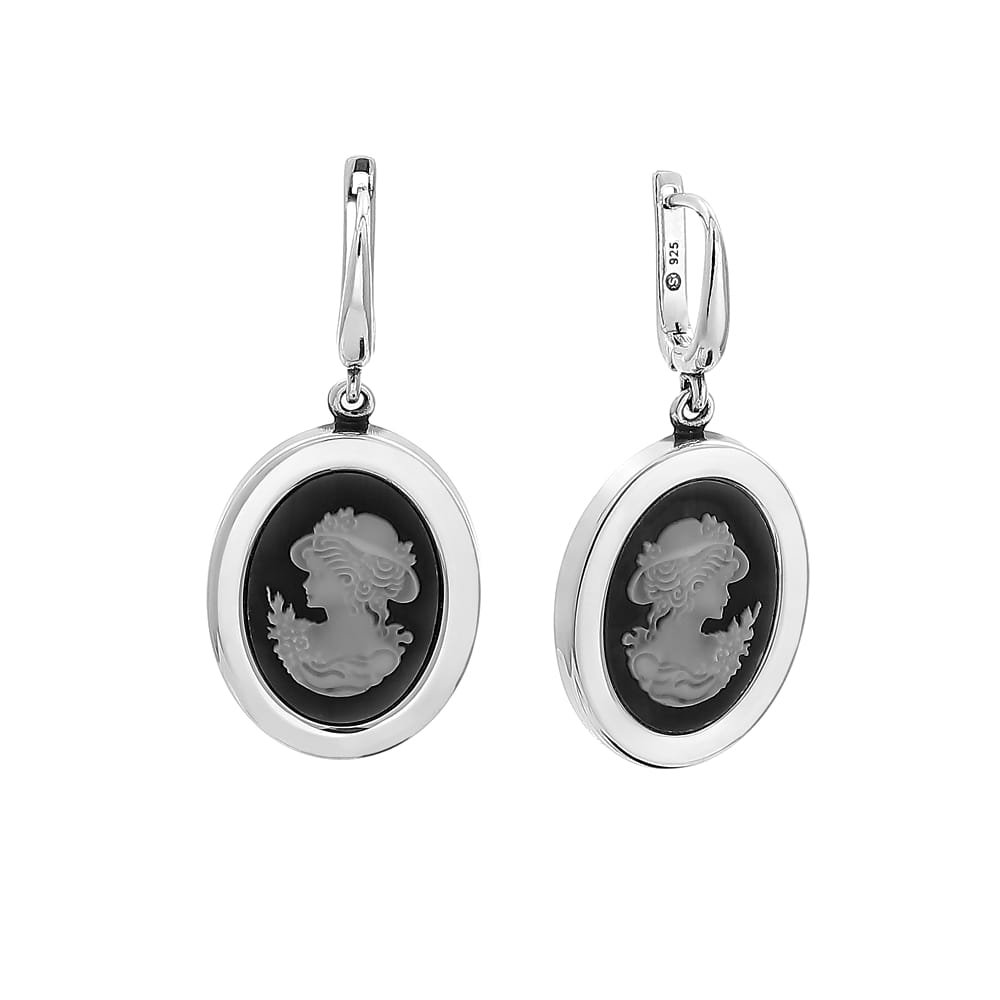 Srebrne kolczyki pr925 z wizerunkiem kobiety w kapeluszu Kamea + pudełko