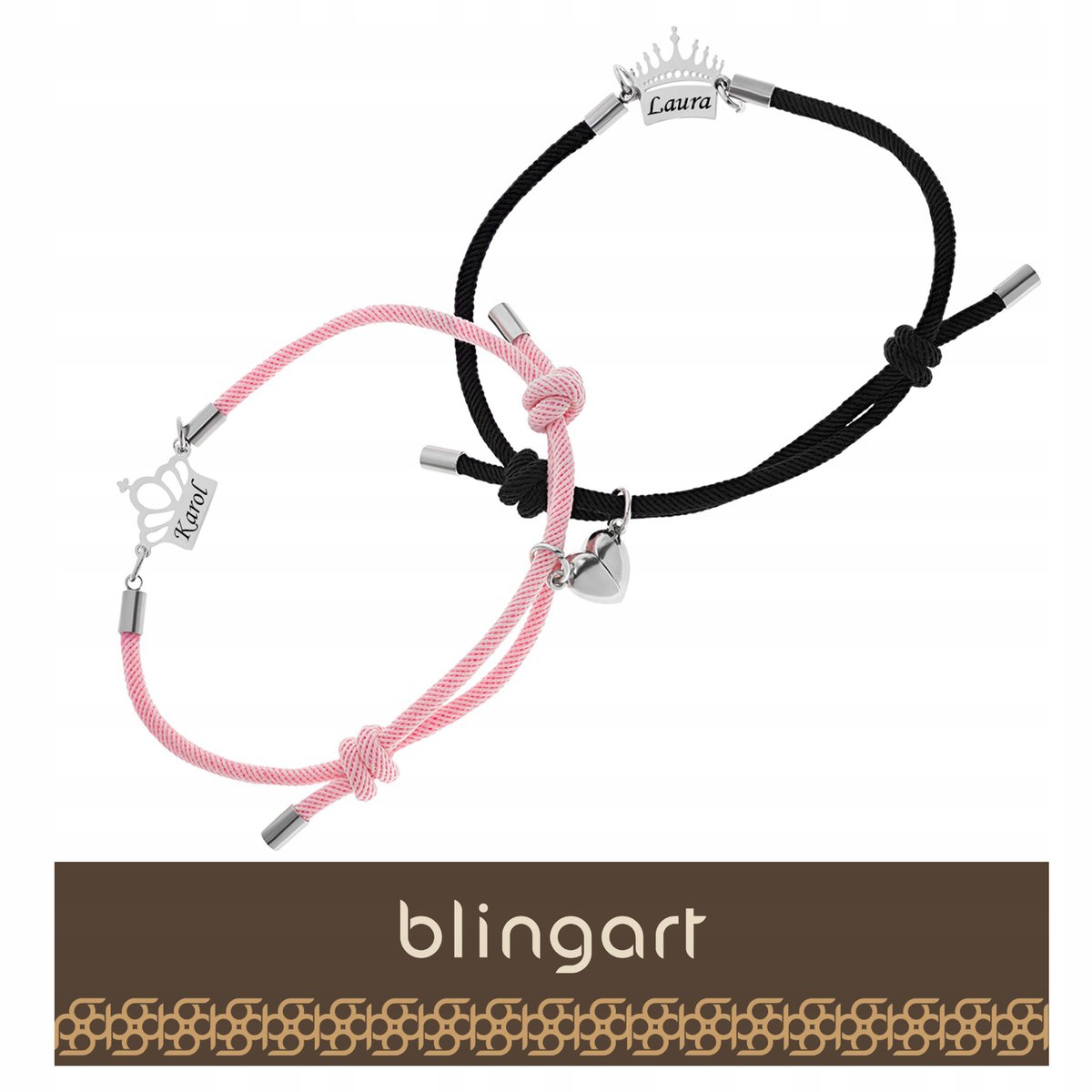 BLINGART Sznurkowe bransoletki dla par z GRAWEREM MAGNES korona róż czerń