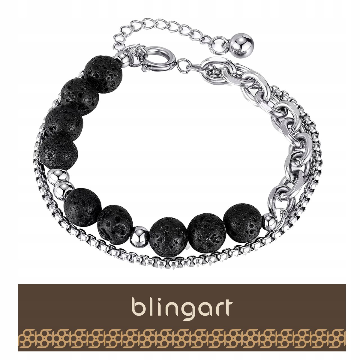 BLINGART Bransoletka męska LAWA WULKANICZNA podwójna KORALIKI REGULOWANA